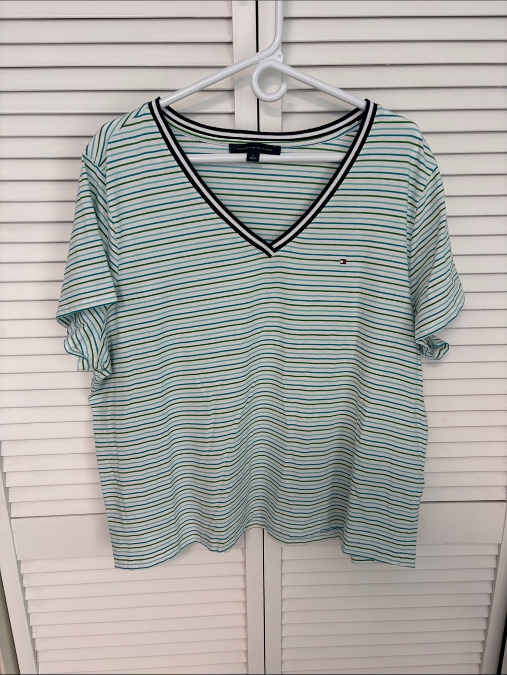 Tommy Hilfiger Mint and Navy Striped V-Neck Tee 1X